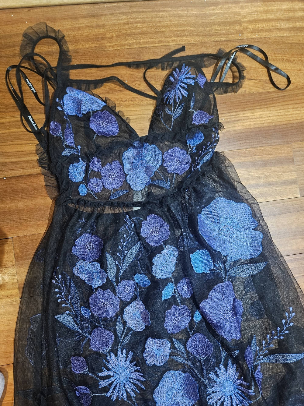 For Love & Lemons Black Sheer Dress with Purple & Blue Floral Embroidery - Picture 7 of 8